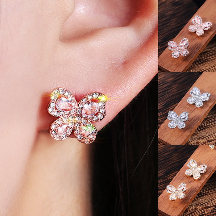 Korean Style Butterfly Earrings With Copper And Rhinestones, Sweet Girl Fashion Jewelry