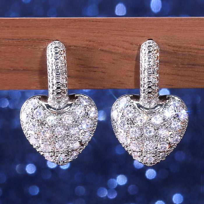 Korean Style Heart Stud Earrings For Women With Zircon Diamond Inlay, Fashion Jewelry Accessories