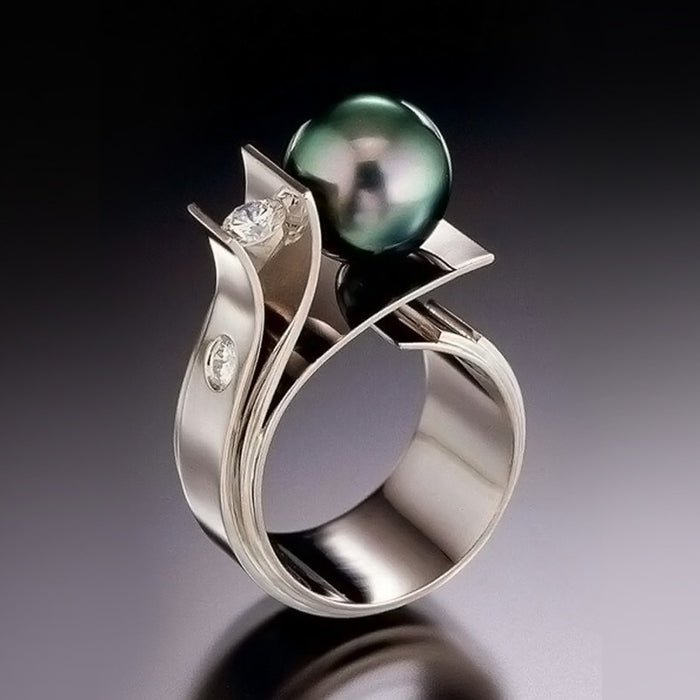 Green Shell Pearl Ring With Zircon Stones, European Style Women's Engagement Jewelry