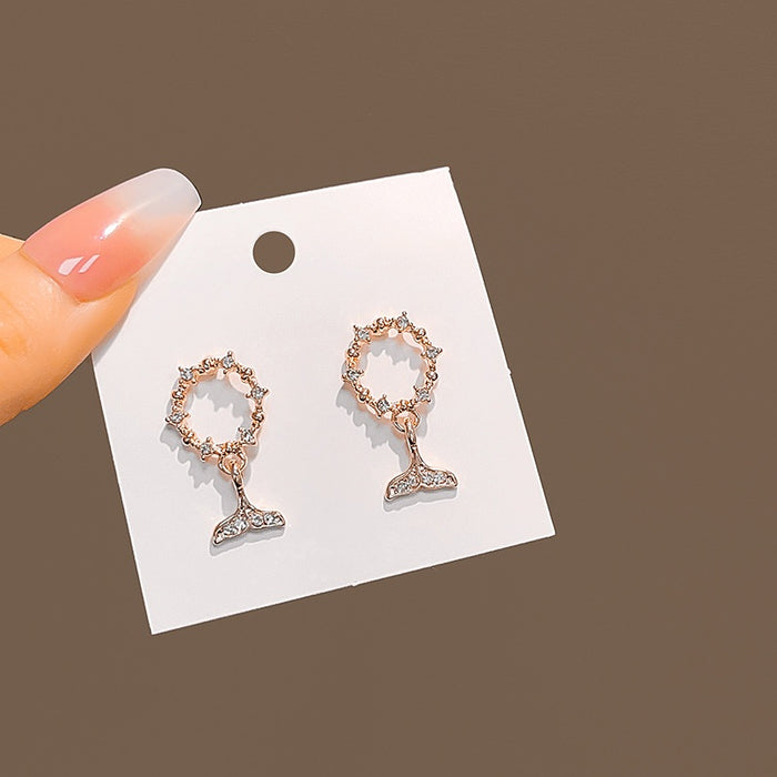 Korean Hollow Fish Circle Zircon Rhinestone Mermaid Tail Stud Drop Earrings