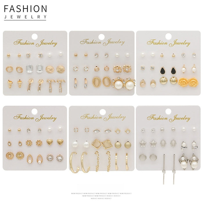 Elegant Punk Multi Pair Alloy Rhinestone Cat Eye Flower Wrench Pearl Stud Hoop Jewelry Set Earrings