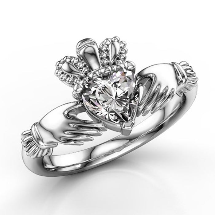 Creative Hollow Crown Ring With Heart Cubic Zirconia, Trendy Fashion Jewelry For Women
