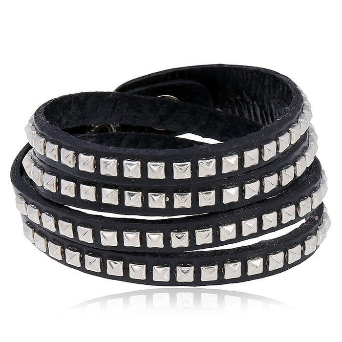 Punk Mens Double Wrap Genuine Leather Bracelet With Double Row Studs Multi Layer Cuff