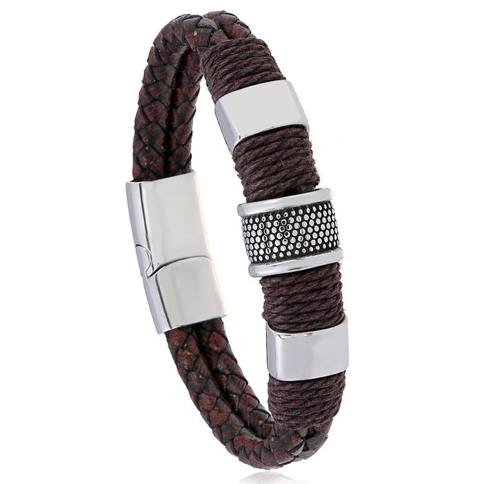 Titanium Steel Braided Faux Leather Bracelet With Stainless Steel Magnetic Clasp