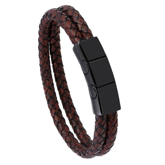Simple Creative Braided Stainless Steel Men's Double Layer PU Leather Student Bracelet