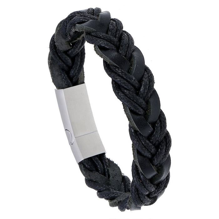 Fashion Men's Cowhide Leather Bracelet, Vintage Braided Stainless Steel Magnetic Clasp Wristband