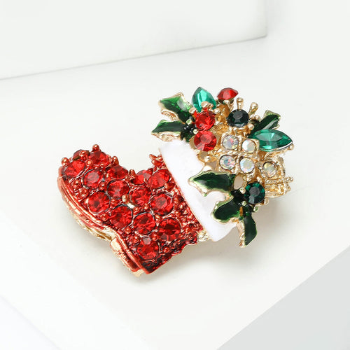 Alloy Enamel Rhinestone Santa Shoe Brooch For Holiday Gifts
