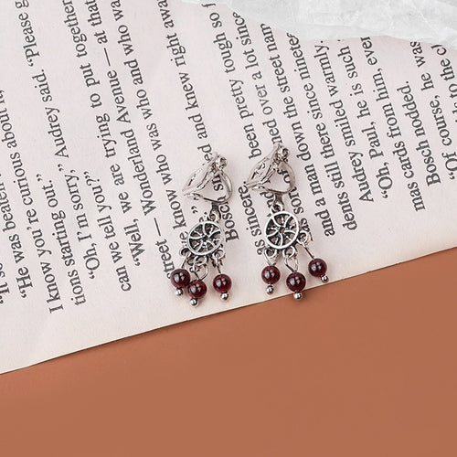 Vintage Ethnic Alloy Hollow Dreamcatcher Round Garnet Bead Tassel Clip-On Bohemian Geometric Earrings