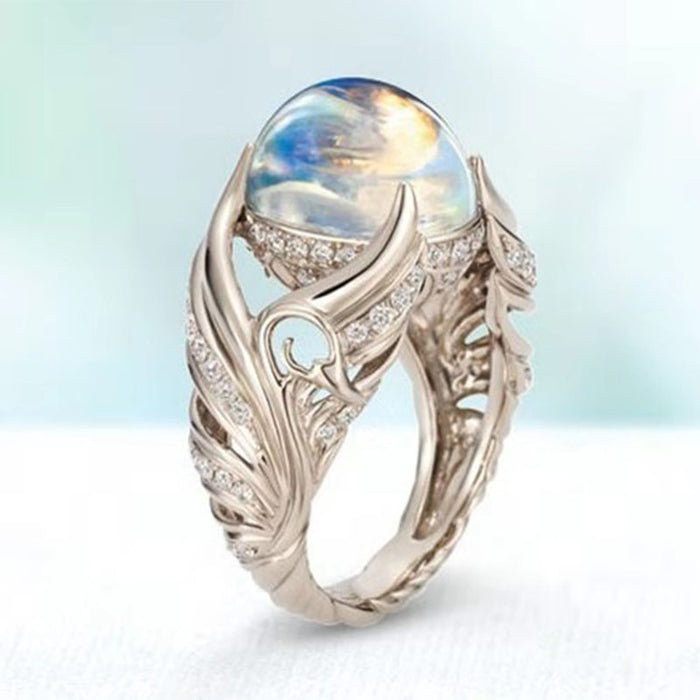 Hollow White Swan Colorful Simulated Moonstone Ring For Women European American Jewelry