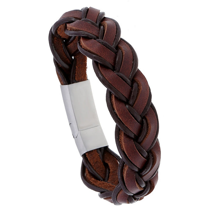 Punk Handmade Braided Cowhide Leather Bracelet With Stainless Steel Magnetic Clasp