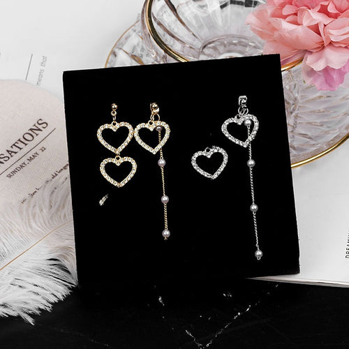 Elegant Asymmetric Hollow Heart Rhinestone Pearl Tassel Long Drop 925 Silver Needle Stud Earrings