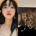 Elegant Asymmetric Hollow Heart Rhinestone Pearl Tassel Long Drop 925 Silver Needle Stud Earrings view 3