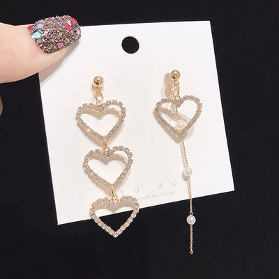 Elegant Asymmetric Hollow Heart Rhinestone Pearl Tassel Long Drop 925 Silver Needle Stud Earrings