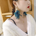 Feather Tassel Drop Earrings With Silver Pins, Geometric Vintage Long Statement OL Style view 2