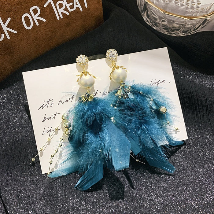 Feather Tassel Drop Earrings With Silver Pins, Geometric Vintage Long Statement OL Style