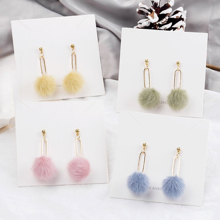Candy Color Faux Fur Pom Pom Dangle Studs With Gold Alloy Metal Drop For Women Earrings