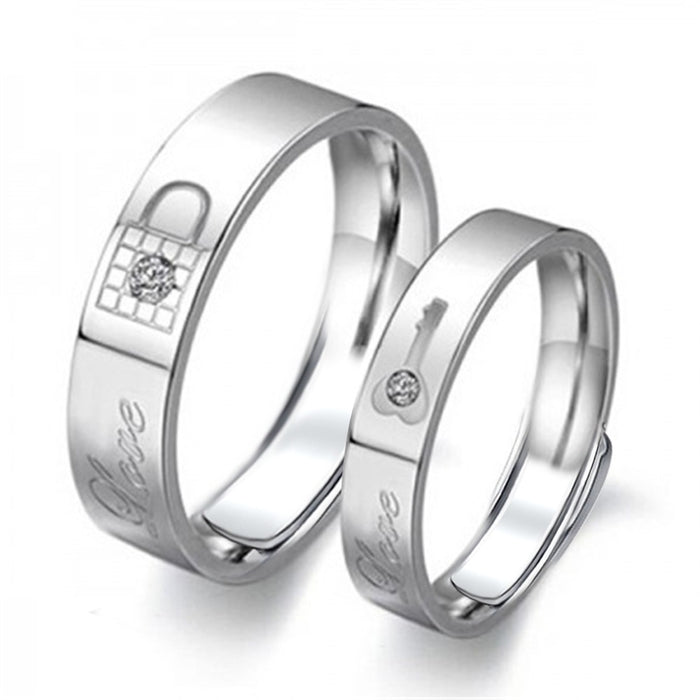 Korean Japanese Classic Couple White Gold Plated Zircon Key And Lock Rings For Love Jewelry