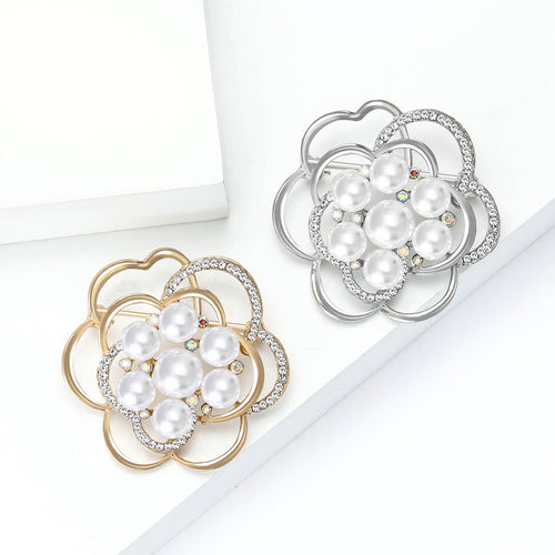 Alloy Hollow Pearl Flower Brooch Pin For Women's Apparel Decoration