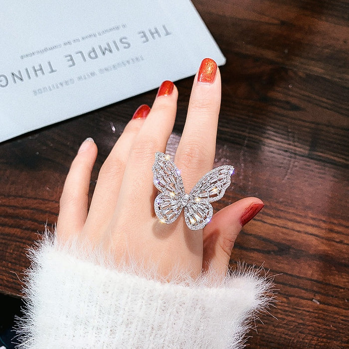 Luxury Zircon Butterfly Bow Open Ring For Women Korean Minimalist Alloy Index Jewelry