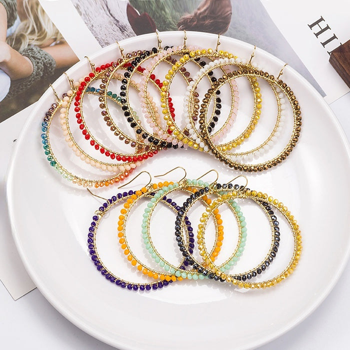 Bohemian Colorful Seed Bead Woven Hollow Round Hoop Alloy Statement Dangle Fashion Earrings