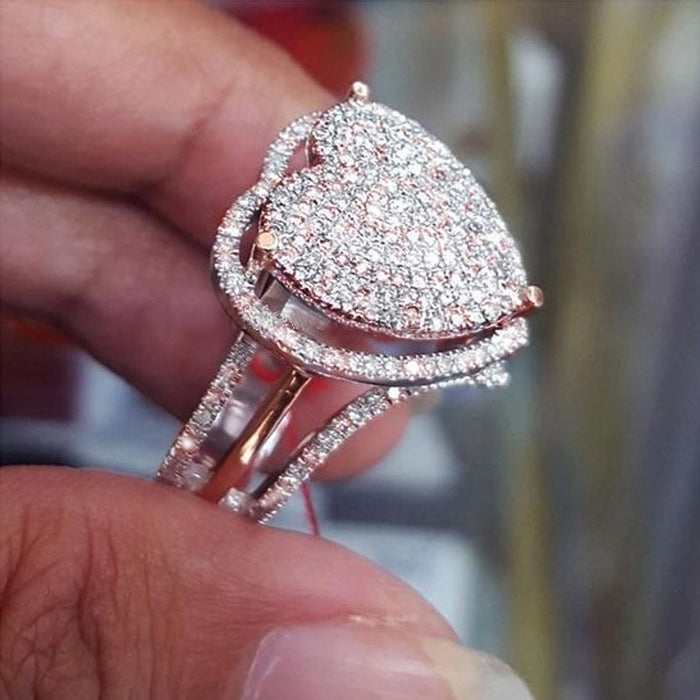 Creative Alloy Full Zircon Rose Gold Heart Ring For Women Proposal Engagement Jewelry