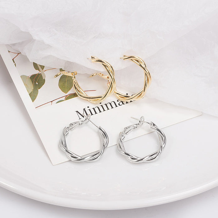 Elegant Twisted Round Hoop Alloy Earrings For Women, 925 Silver Pin French Clip Circle Earrings