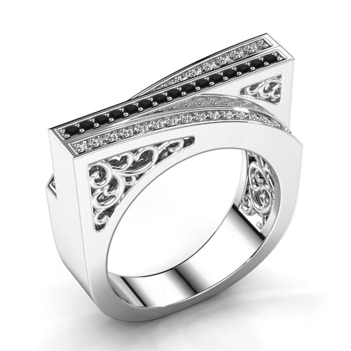 Unisex Black And White Zircon Micro Pave Finger Ring, Fashion Two Tone Statement Jewelry