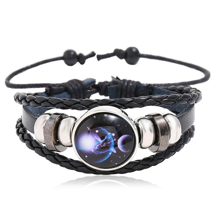 Beaded Twelve Zodiac Cowhide Couple Bracelet Luminous Starry Sky Leather Gift Bracelet