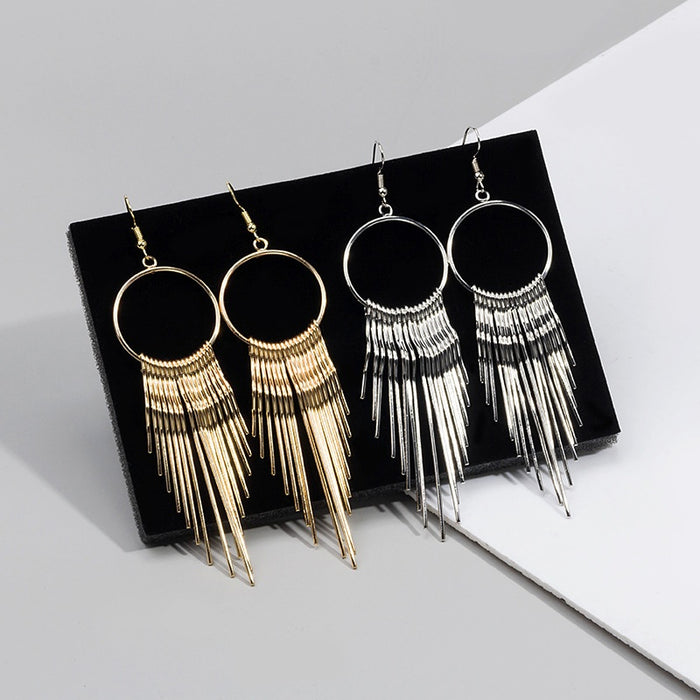 Korean Style Exaggerated Geometric Hoop Long Metal Tassel Alloy Fringe Bohemian Drop Earrings