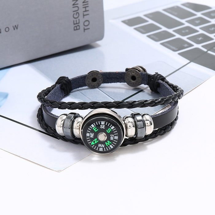 Punk Snap Button Cowhide Leather Bracelet Multi Layer Braided Outdoor Compass Couple Jewelry
