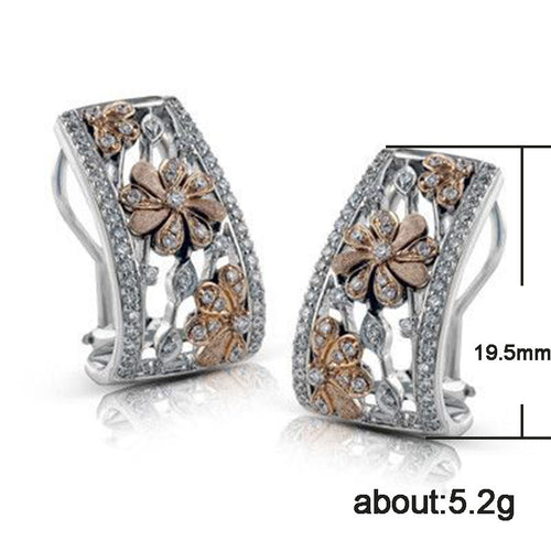 Fashion Two Tone Hollow Floral Cubic Zirconia Stud Earrings For Women, Classic Flower Earrings