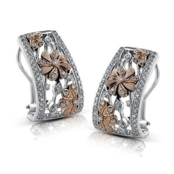 Fashion Two Tone Hollow Floral Cubic Zirconia Stud Earrings For Women, Classic Flower Earrings