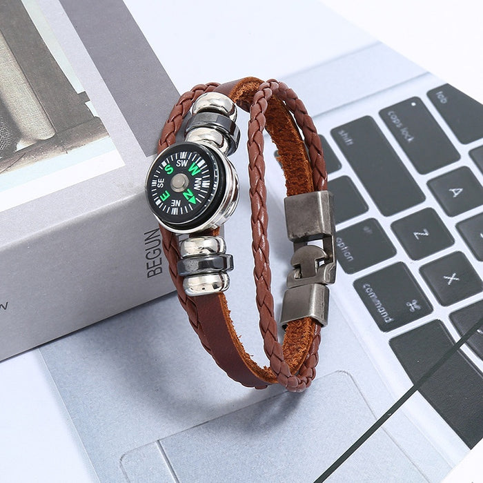 Alloy Clasp Genuine Leather Bracelet, Multilayer Braided Outdoor Compass Couple Jewelry