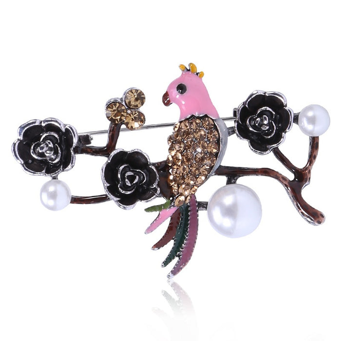 Alloy Rhinestone Pearl Bird Branch Brooch For Clothing Decoration
