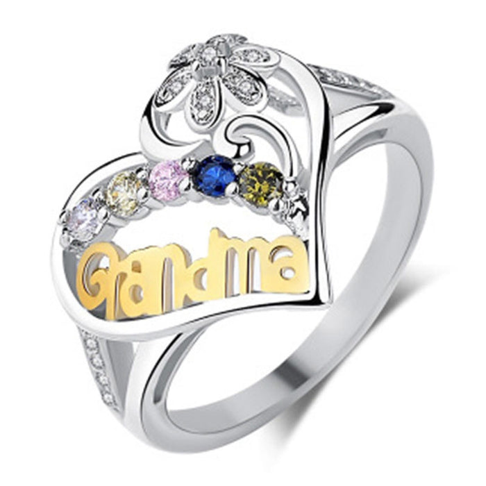 Heart Shaped Two Tone Rhinestone Grandma Ring For Women Mother's Day Jewelry Gift