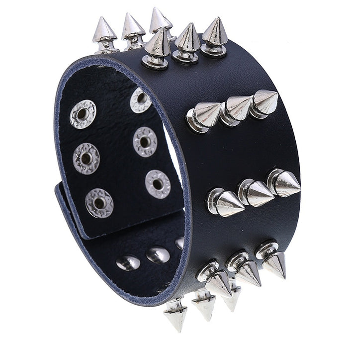 Punk Three Row Spike Cowhide Leather Bracelet, European Statement Men's Cross Border Accessory