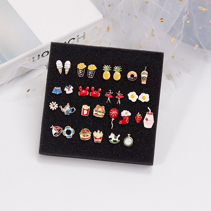 Cartoon Enamel Alloy Asymmetric Studs, Strawberry Milk Hamburger Fruit Animal Egg Shape Earrings