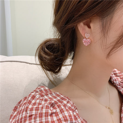 Cute Korean Pink Heart Alloy Drop Earrings With Silver Needle Sweet Minimalist Jewelry