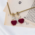 Elegant Vintage Burgundy Velvet Heart Pearl Rhinestone Alloy Long Drop Clip On Statement Earrings view 4