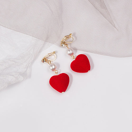 Elegant Vintage Burgundy Velvet Heart Pearl Rhinestone Alloy Long Drop Clip On Statement Earrings