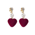 Elegant Vintage Burgundy Velvet Heart Pearl Rhinestone Alloy Long Drop Clip On Statement Earrings view 5