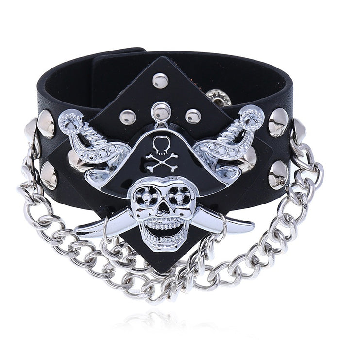 Statement Punk Skull Leather Bracelet With Pirate Ghost Head Chain Wide Cuff Wristband