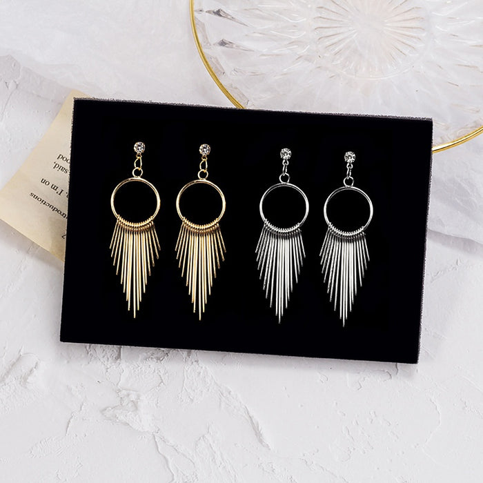 Vintage Geometric Metal Hoop Tassel Long Drop Rhinestone Statement Bohemian Fashion Earrings