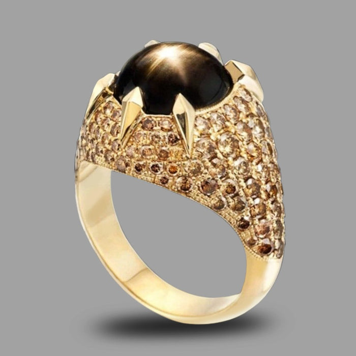 Statement Oval Faceted Black Gemstone Full Diamond Women's Ring European Jewelry