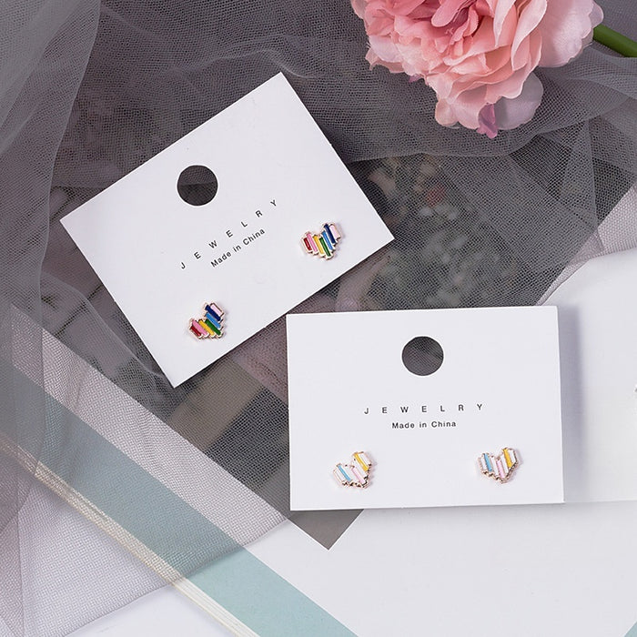 Elegant Mini Rainbow Heart Shape Colorful Zircon Rhinestone Alloy Stud For Women Earrings