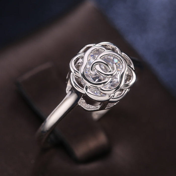 Hollow Rose Copper Platinum Plated Zircon Ring For Women With Creative Inner Stone Setting