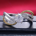 Vintage Two Tone Geometric Wavy Texture Prong Set Zircon Ring, European Fashion Jewelry view 6