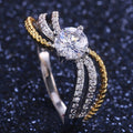 Vintage Two Tone Geometric Wavy Texture Prong Set Zircon Ring, European Fashion Jewelry view 2