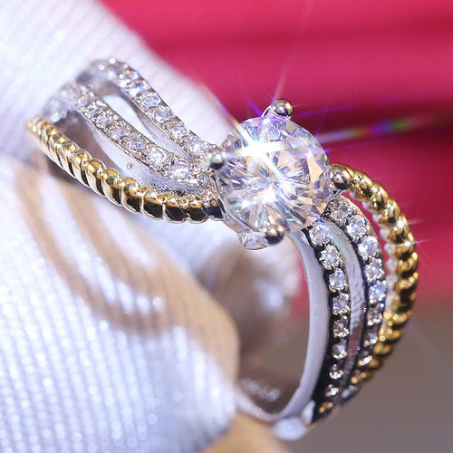 Vintage Two Tone Geometric Wavy Texture Prong Set Zircon Ring, European Fashion Jewelry