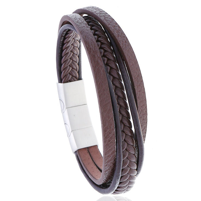 Simple Multi Layer Cowhide Leather Bracelet For Men With Stainless Steel Magnetic Clasp